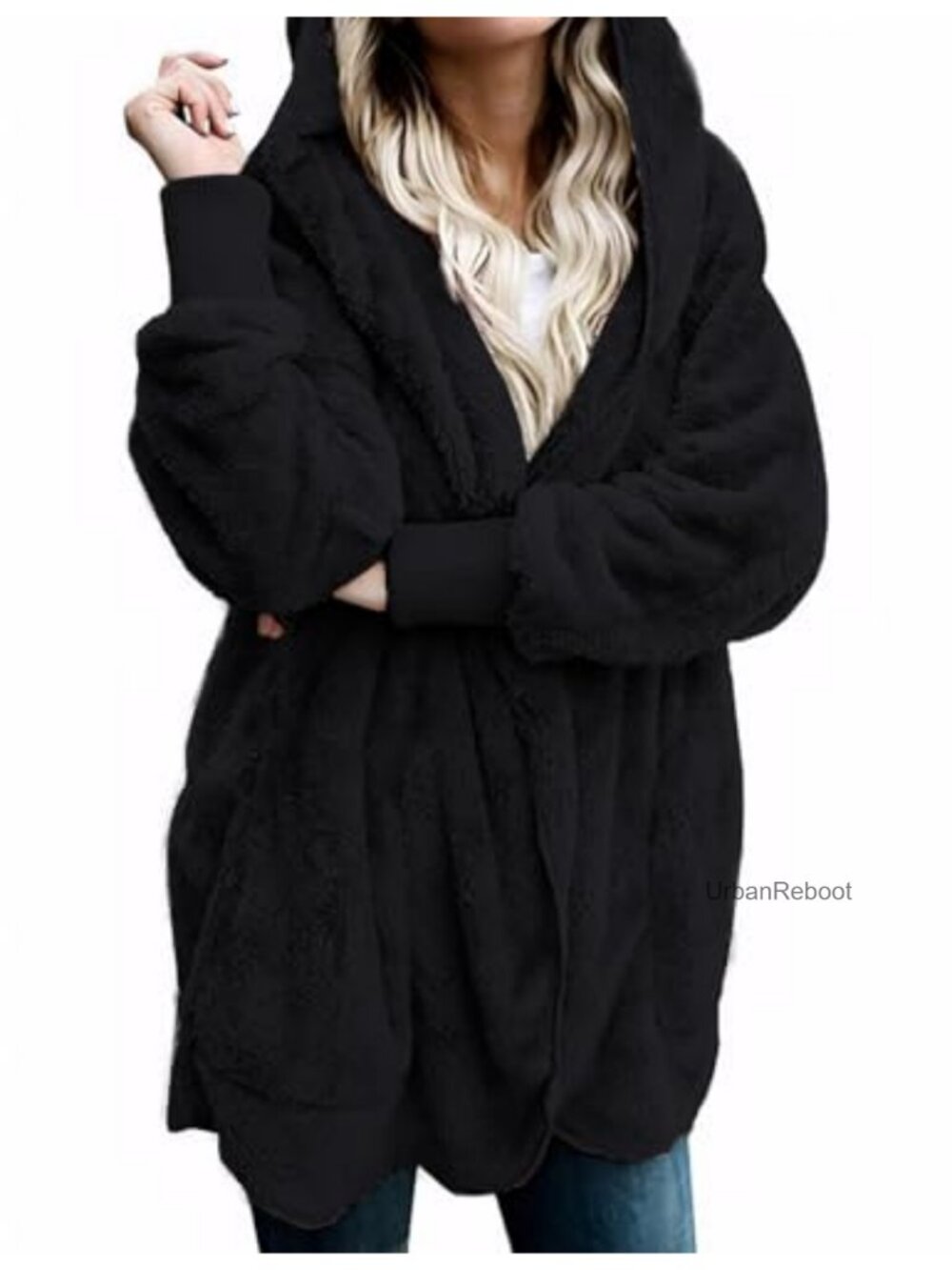 Fleece Hooded Open Front Cardigan Fuzzy Sherpa Jacket Oversized Warm